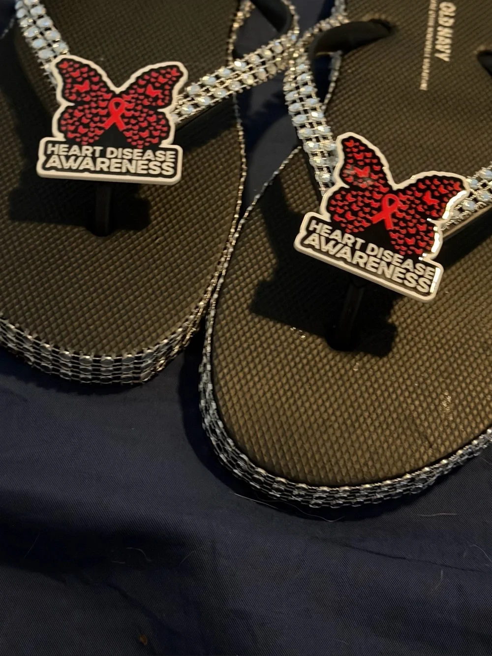 Black Flip-Flop Sandals with Red Heart Disease Awareness Accents